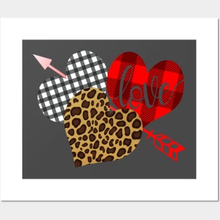 Valentine Three Hearts Leopard Buffalo Plaid Valentine's day Gifts T-Shirt Posters and Art